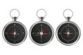Silver compass set. Magnetic navigation tool. Direction finding Vector. Realistic metal instrument Royalty Free Stock Photo