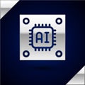 Silver Computer processor with microcircuits CPU icon isolated on dark blue background. Chip or cpu with circuit board Royalty Free Stock Photo