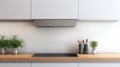 Silver cooker hood in minimal white kitchen interior with plant on wooden counter top. generative ai Royalty Free Stock Photo