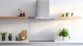 Silver cooker hood in minimal white kitchen interior with plant on wooden counter top. generative ai Royalty Free Stock Photo