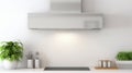 Silver cooker hood in minimal white kitchen interior with plant on wooden counter top. generative ai Royalty Free Stock Photo