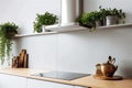 Silver cooker hood in minimal white kitchen interior with plant on wooden countertop, real photo. Generative AI Royalty Free Stock Photo