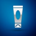 Silver Cream or lotion cosmetic tube icon isolated on blue background. Body care products for men. Vector Illustration