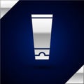 Silver Cream or lotion cosmetic tube icon isolated on dark blue background. Body care products for men. Vector