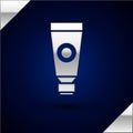 Silver Cream or lotion cosmetic tube icon isolated on dark blue background. Body care products for men. Vector