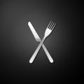 Silver Crossed fork and knife icon isolated on black background. Restaurant icon. Long shadow style. Vector Royalty Free Stock Photo