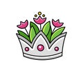 Silver crown with tulips. Vase. Cartoon vector illustration