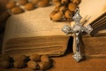 Silver Crucifix Rosary Bead and Holy Bible Royalty Free Stock Photo