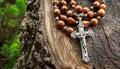 Silver Crucifix and a Rosary Beads on a Tree Trunk - Generative Ai Royalty Free Stock Photo