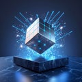 Silver Cube with Blue Grid Pattern and Energy Sparks on Pedestal metallic Royalty Free Stock Photo