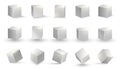 Silver cube. Grey box metallic shape. Vector square block set. 3D cubic objects