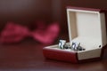 Silver cuff links in the box Royalty Free Stock Photo