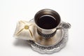 Silver cup of coffee with cake Royalty Free Stock Photo