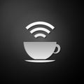 Silver Cup of coffee shop with free wifi zone icon isolated on black background. Internet connection placard. Long Royalty Free Stock Photo