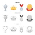 A silver cup, a gold crown with diamonds, a medal of the laureate, a gold sign with a red ribbon.Awards and trophies set Royalty Free Stock Photo