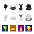 A silver cup, a gold crown with diamonds, a medal of the laureate, a gold sign with a red ribbon.Awards and trophies set Royalty Free Stock Photo