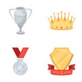 A silver cup, a gold crown with diamonds, a medal of the laureate, a gold sign with a red ribbon.Awards and trophies set Royalty Free Stock Photo