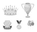 A silver cup, a gold crown with diamonds, a medal of the laureate, a gold sign with a red ribbon.Awards and trophies set Royalty Free Stock Photo