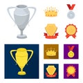 A silver cup, a gold crown with diamonds, a medal of the laureate, a gold sign with a red ribbon.Awards and trophies set Royalty Free Stock Photo