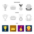 A silver cup, a gold crown with diamonds, a medal of the laureate, a gold sign with a red ribbon.Awards and trophies set Royalty Free Stock Photo