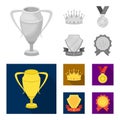 A silver cup, a gold crown with diamonds, a medal of the laureate, a gold sign with a red ribbon.Awards and trophies set Royalty Free Stock Photo