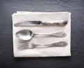 Silver cutlery on a dark background. Royalty Free Stock Photo