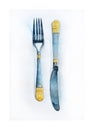 Cutlery, fork and knive. Watercolour drawing. Royalty Free Stock Photo