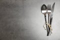 Silver cutlery on gray background, top view