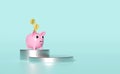 Silver cylinder podium with piggy bank, money coins isolated on blue background. saving money concept, 3d illustration, 3d render Royalty Free Stock Photo