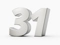 Silver 3d numbers 31 Thirty one. Isolated white background 3d illustration Royalty Free Stock Photo