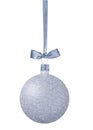 Silver Decoration Christmas ball on ribbon isolated on white background Royalty Free Stock Photo