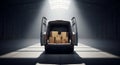 Delivery van with open doors and cardboard boxes inside in a warehouse setting today Royalty Free Stock Photo