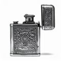 Silver Detailed Petrol Lighter with Intricate Dragon Design on White Background Royalty Free Stock Photo