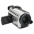 A silver digital camcorder with its screen open showcasing its lens and buttons isolated on white background Royalty Free Stock Photo