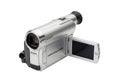 Silver digital camcorder with open lcd screen on a black background Royalty Free Stock Photo
