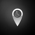 Silver Disabled Handicap in map pointer icon isolated on black background. Invalid symbol. Wheelchair handicap sign Royalty Free Stock Photo