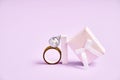 Silver disco ball , box, ring ang geometric shapes. 90s fashion. Engagement ring concept. Valentines day banner Royalty Free Stock Photo