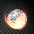 Silver Disco Ball In Fire Vector Realistic. Burning Dance Night Club Royalty Free Stock Photo