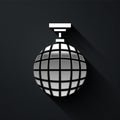 Silver Disco ball icon isolated on black background. Long shadow style. Vector Royalty Free Stock Photo