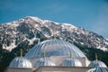 Silver domes of turkish mosque and mountain panorama