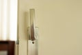 Silver door handle on white door
