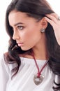 Silver Earring on model, necklace with choker on neck. Close-up