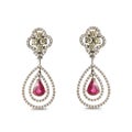 Silver earrings in white gold with white and yellow diamonds and rubies in the form of a drop Royalty Free Stock Photo