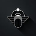 Silver Egyptian Scarab icon isolated on black background. Winged scarab Beetle and sun. Long shadow style. Vector