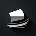 Silver Egyptian ship icon isolated on black background. Egyptian papyrus boat. Long shadow style. Vector