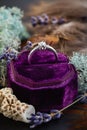 Silver engagement ring with diamond in purple gift box with rustic decorations Royalty Free Stock Photo