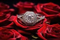 silver engagement ring resting on red rose petals Royalty Free Stock Photo