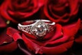 silver engagement ring resting on red rose petals Royalty Free Stock Photo