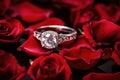 silver engagement ring resting on red rose petals Royalty Free Stock Photo