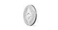 Silver Ethereum Classic coin spinning clockwise in perfect loop isolated on white background.